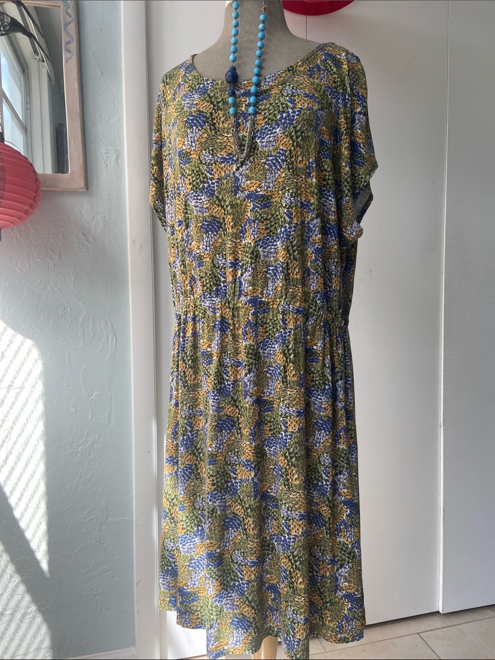 Isaac Mizrahi Olive, Blue & Gold Floral Jersey rayon Dress
